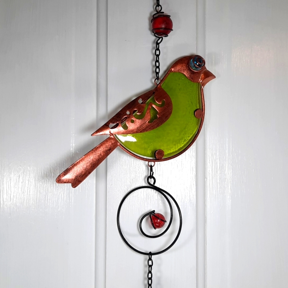 Bird Garden Bell Suncatcher Green Feather Outdoor Garden Yard Art Accent Gift